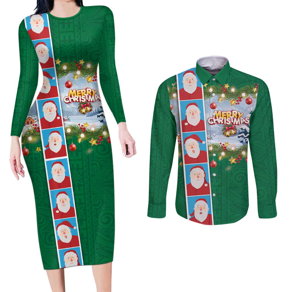 Merry Christmas Couples Matching Long Sleeve Bodycon Dress and Long Sleeve Button Shirt Funny Santa Claus Cards Photo and Polynesian Pattern Green Color