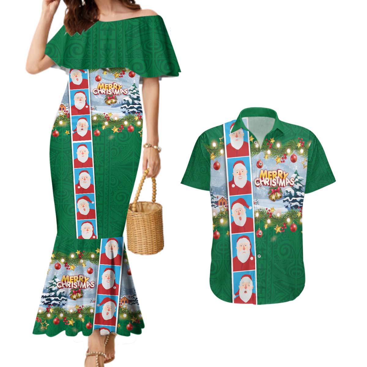 Merry Christmas Couples Matching Mermaid Dress and Hawaiian Shirt Funny Santa Claus Cards Photo and Polynesian Pattern Green Color