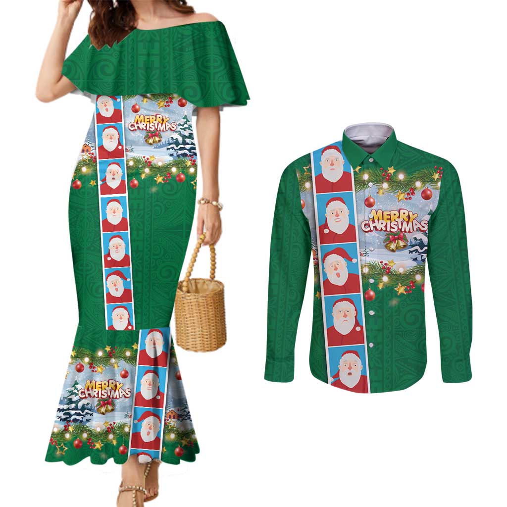 Merry Christmas Couples Matching Mermaid Dress and Long Sleeve Button Shirt Funny Santa Claus Cards Photo and Polynesian Pattern Green Color