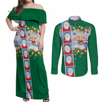Merry Christmas Couples Matching Off Shoulder Maxi Dress and Long Sleeve Button Shirt Funny Santa Claus Cards Photo and Polynesian Pattern Green Color