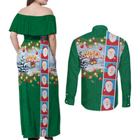 Merry Christmas Couples Matching Off Shoulder Maxi Dress and Long Sleeve Button Shirt Funny Santa Claus Cards Photo and Polynesian Pattern Green Color
