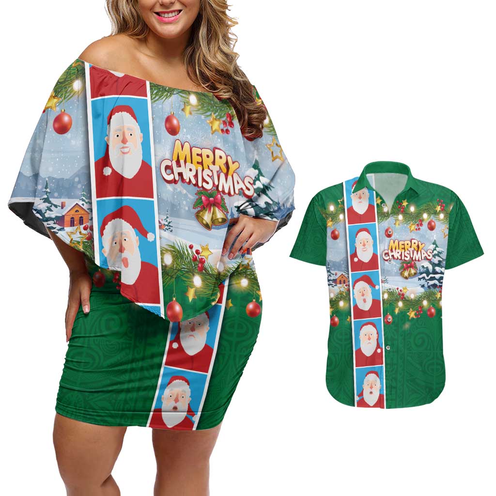 Merry Christmas Couples Matching Off Shoulder Short Dress and Hawaiian Shirt Funny Santa Claus Cards Photo and Polynesian Pattern Green Color