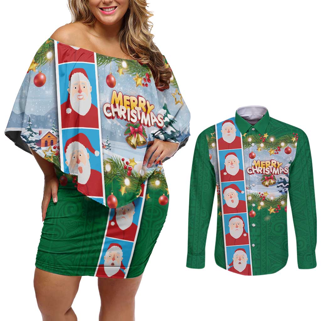 Merry Christmas Couples Matching Off Shoulder Short Dress and Long Sleeve Button Shirt Funny Santa Claus Cards Photo and Polynesian Pattern Green Color