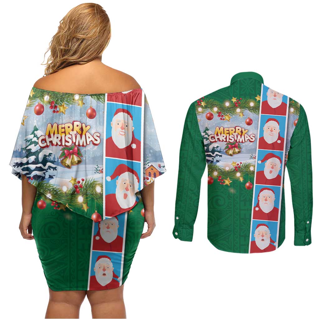 Merry Christmas Couples Matching Off Shoulder Short Dress and Long Sleeve Button Shirt Funny Santa Claus Cards Photo and Polynesian Pattern Green Color