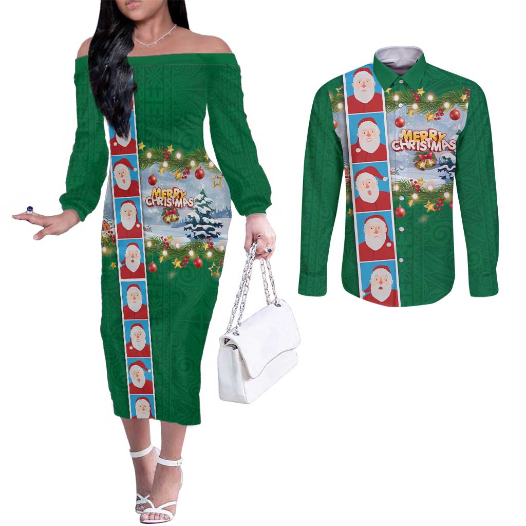 Merry Christmas Couples Matching Off The Shoulder Long Sleeve Dress and Long Sleeve Button Shirt Funny Santa Claus Cards Photo and Polynesian Pattern Green Color