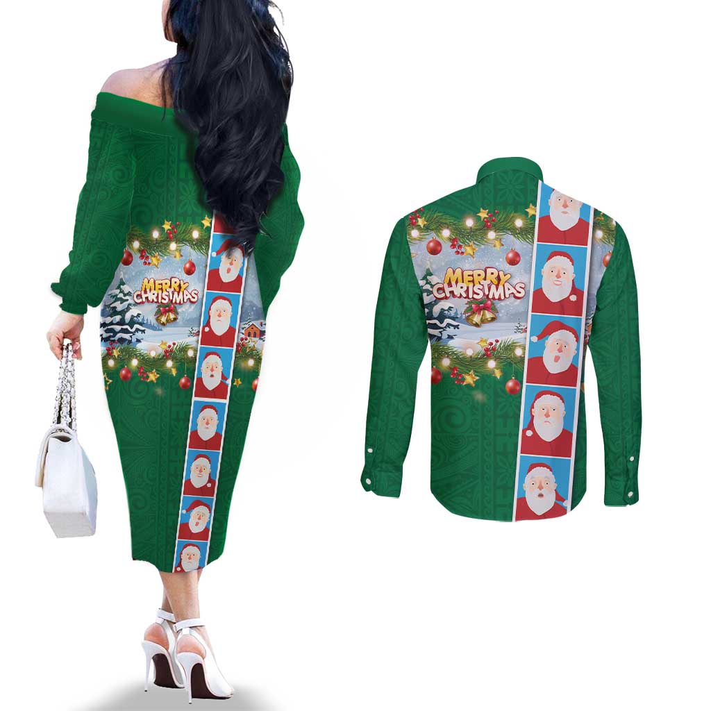 Merry Christmas Couples Matching Off The Shoulder Long Sleeve Dress and Long Sleeve Button Shirt Funny Santa Claus Cards Photo and Polynesian Pattern Green Color
