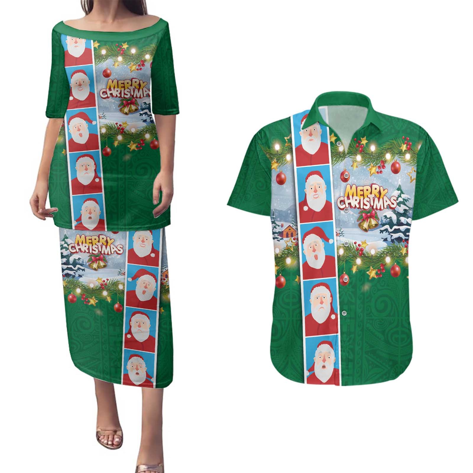 Merry Christmas Couples Matching Puletasi and Hawaiian Shirt Funny Santa Claus Cards Photo and Polynesian Pattern Green Color