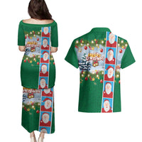 Merry Christmas Couples Matching Puletasi and Hawaiian Shirt Funny Santa Claus Cards Photo and Polynesian Pattern Green Color