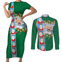 Merry Christmas Couples Matching Short Sleeve Bodycon Dress and Long Sleeve Button Shirt Funny Santa Claus Cards Photo and Polynesian Pattern Green Color