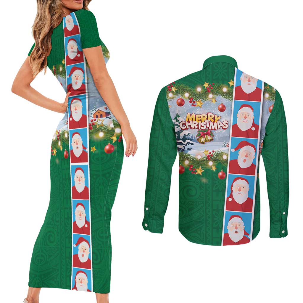 Merry Christmas Couples Matching Short Sleeve Bodycon Dress and Long Sleeve Button Shirt Funny Santa Claus Cards Photo and Polynesian Pattern Green Color