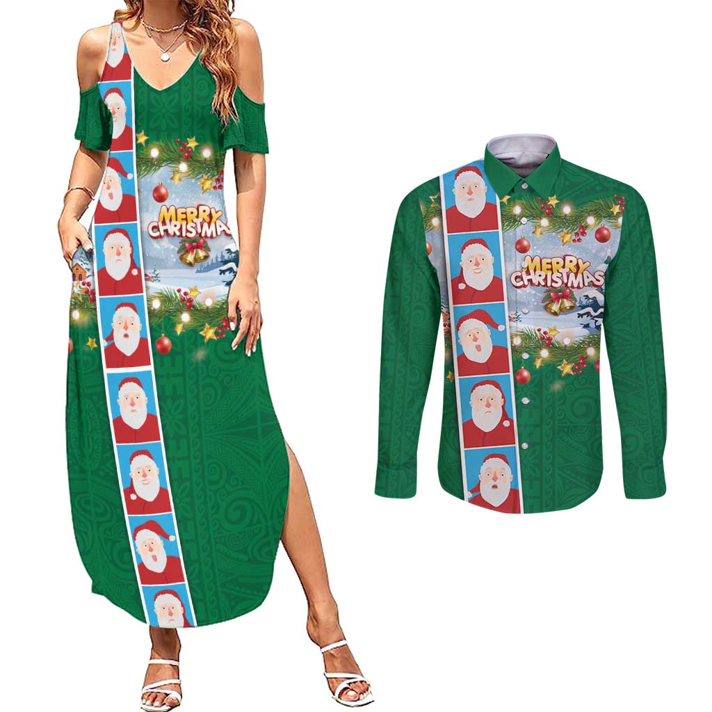 Merry Christmas Couples Matching Summer Maxi Dress and Long Sleeve Button Shirt Funny Santa Claus Cards Photo and Polynesian Pattern Green Color
