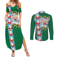 Merry Christmas Couples Matching Summer Maxi Dress and Long Sleeve Button Shirt Funny Santa Claus Cards Photo and Polynesian Pattern Green Color
