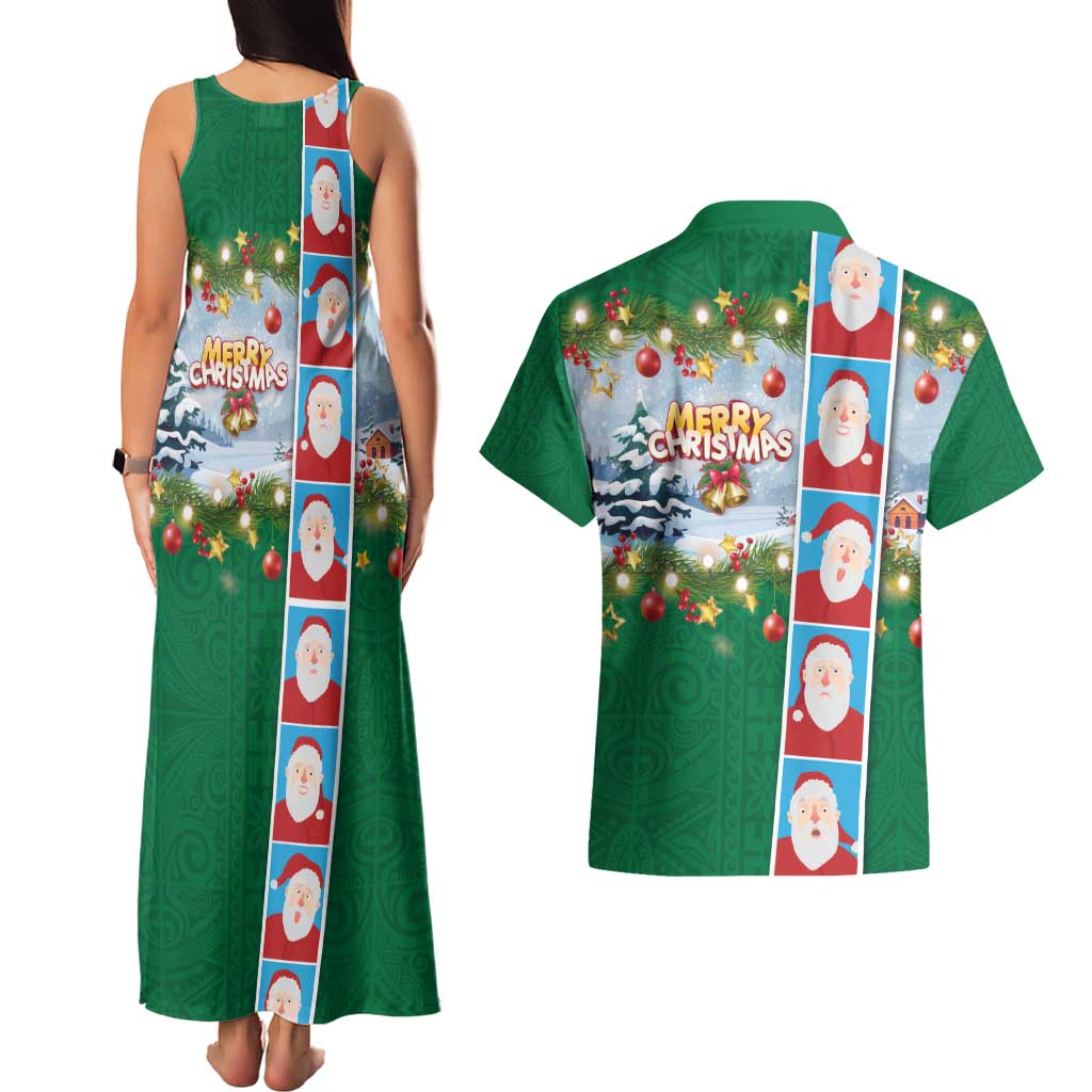 Merry Christmas Couples Matching Tank Maxi Dress and Hawaiian Shirt Funny Santa Claus Cards Photo and Polynesian Pattern Green Color