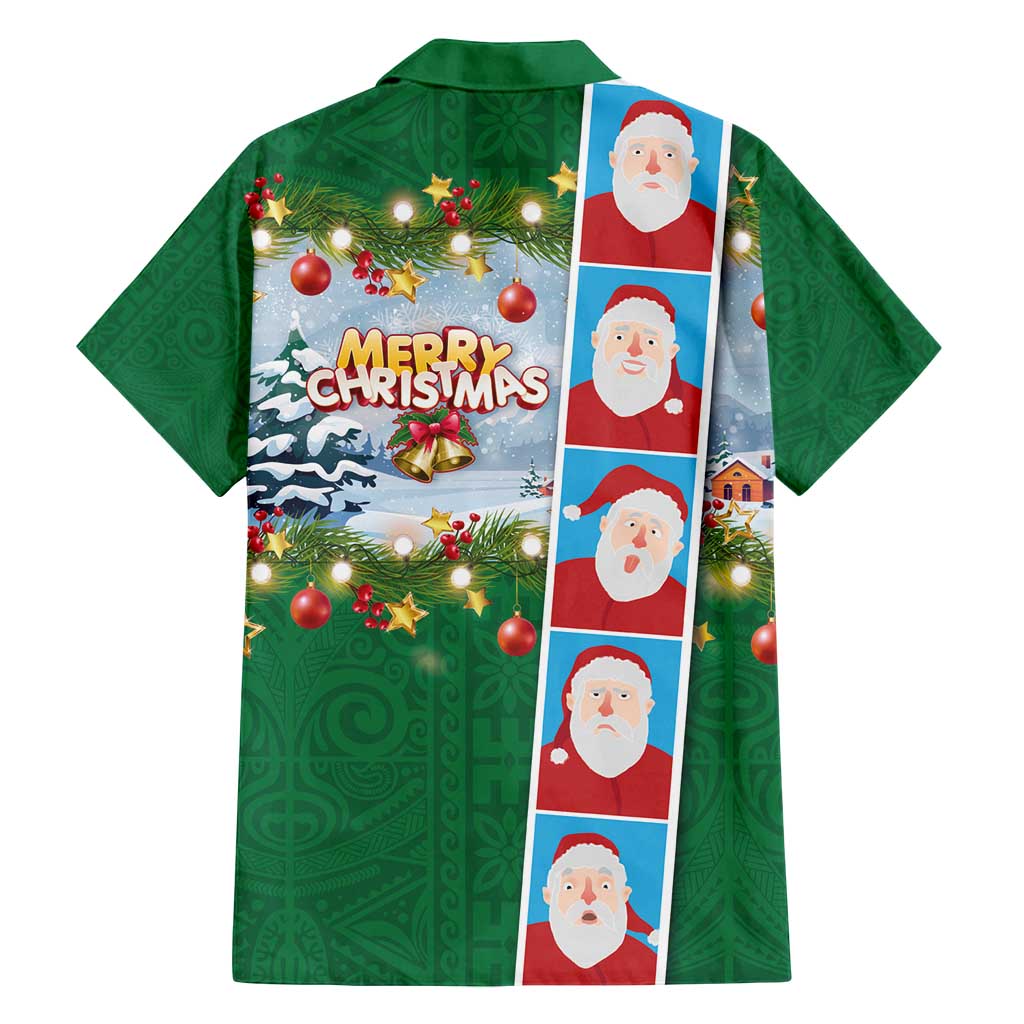 Merry Christmas Family Matching Long Sleeve Bodycon Dress and Hawaiian Shirt Funny Santa Claus Cards Photo and Polynesian Pattern Green Color