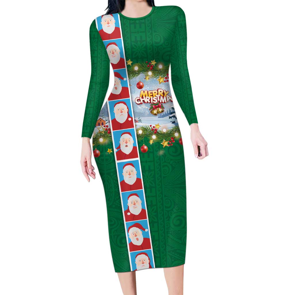 Merry Christmas Family Matching Long Sleeve Bodycon Dress and Hawaiian Shirt Funny Santa Claus Cards Photo and Polynesian Pattern Green Color