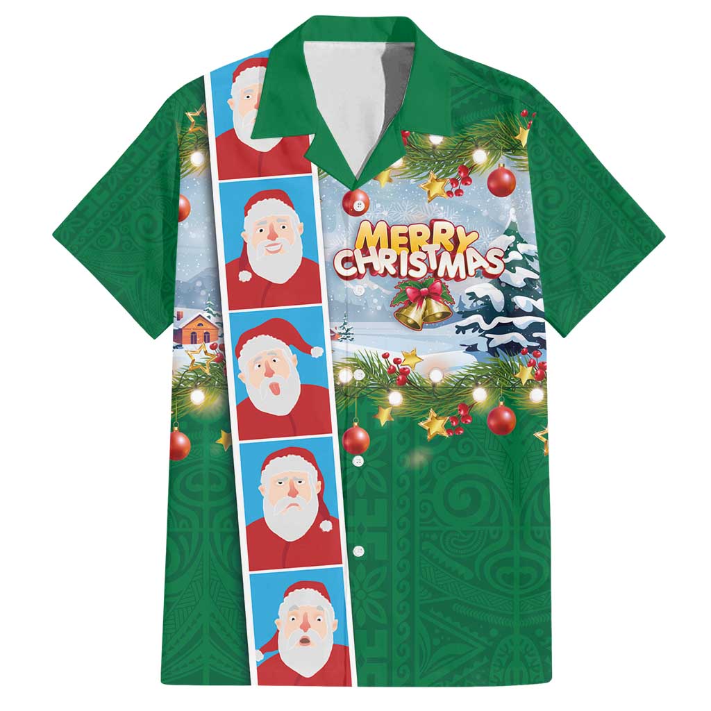Merry Christmas Family Matching Off Shoulder Maxi Dress and Hawaiian Shirt Funny Santa Claus Cards Photo and Polynesian Pattern Green Color LT03 Dad's Shirt - Short Sleeve Green - Polynesian Pride