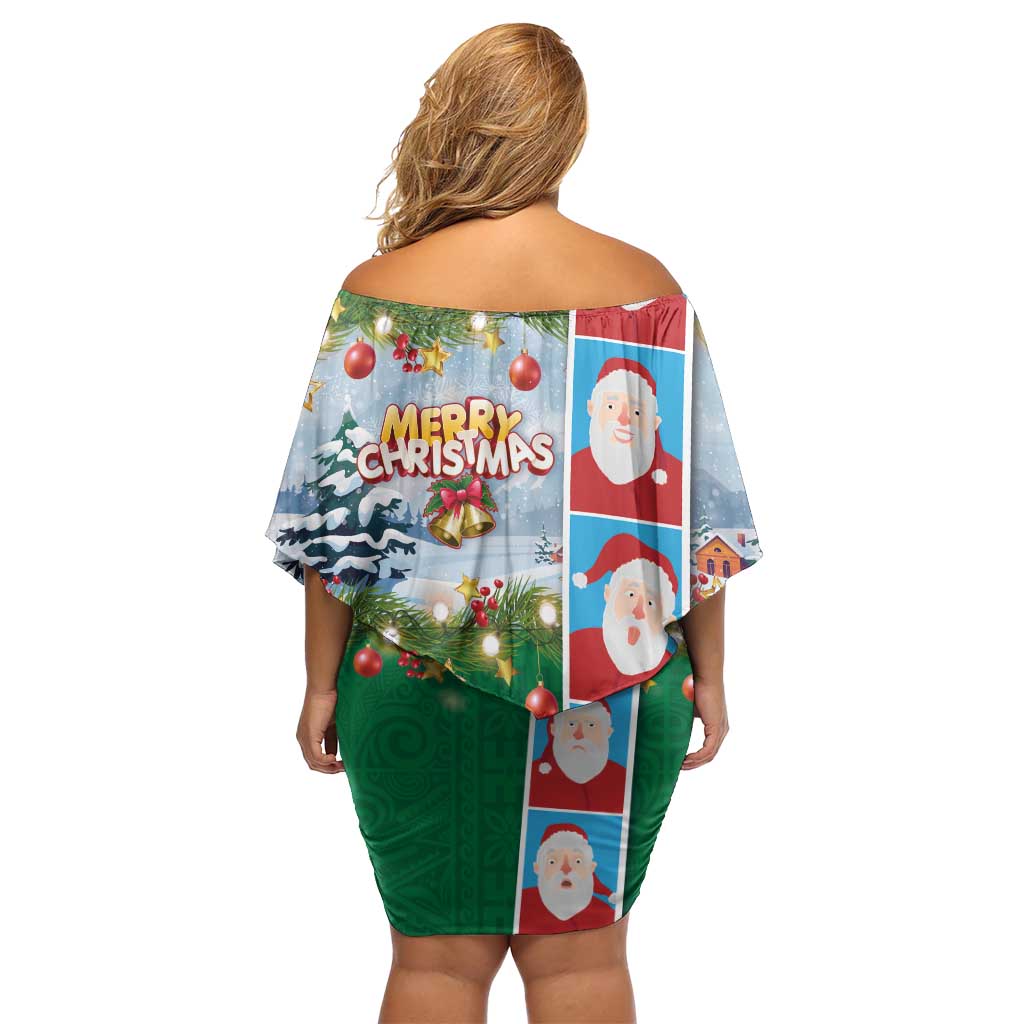 Merry Christmas Family Matching Off Shoulder Short Dress and Hawaiian Shirt Funny Santa Claus Cards Photo and Polynesian Pattern Green Color LT03 - Polynesian Pride