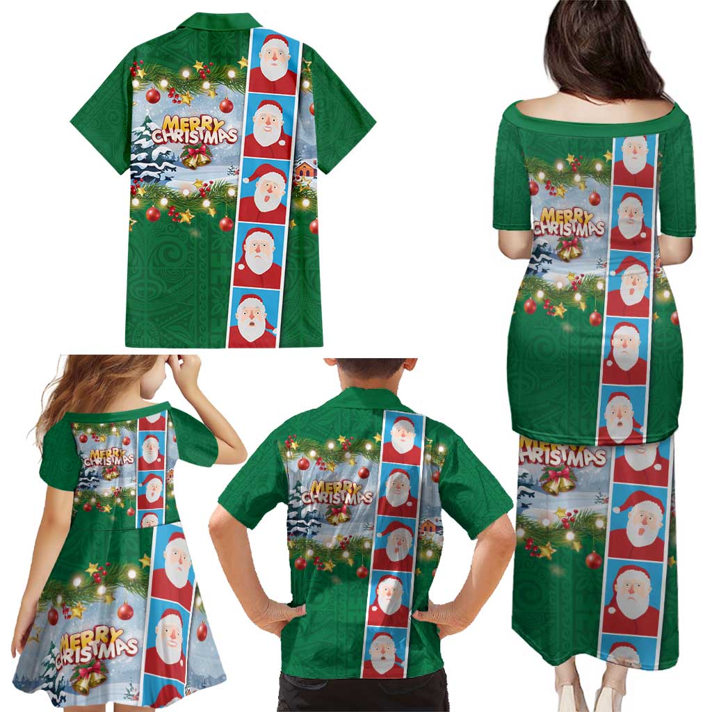Merry Christmas Family Matching Puletasi and Hawaiian Shirt Funny Santa Claus Cards Photo and Polynesian Pattern Green Color