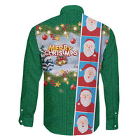 Merry Christmas Family Matching Summer Maxi Dress and Hawaiian Shirt Funny Santa Claus Cards Photo and Polynesian Pattern Green Color