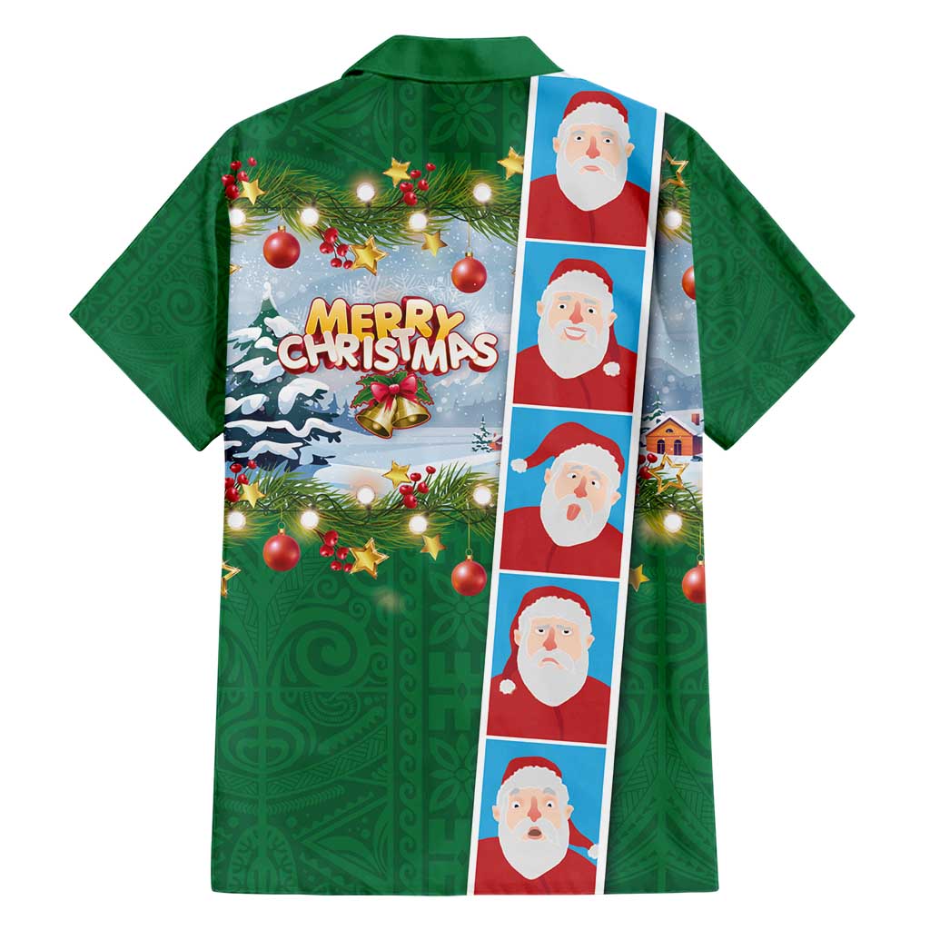 Merry Christmas Hawaiian Shirt Funny Santa Claus Cards Photo and Polynesian Pattern Green Color