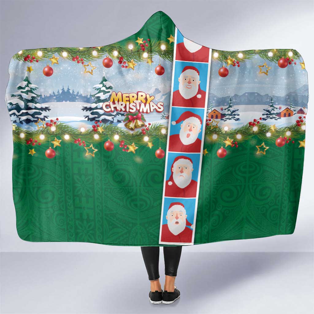 Merry Christmas Hooded Blanket Funny Santa Claus Cards Photo and Polynesian Pattern Green Color