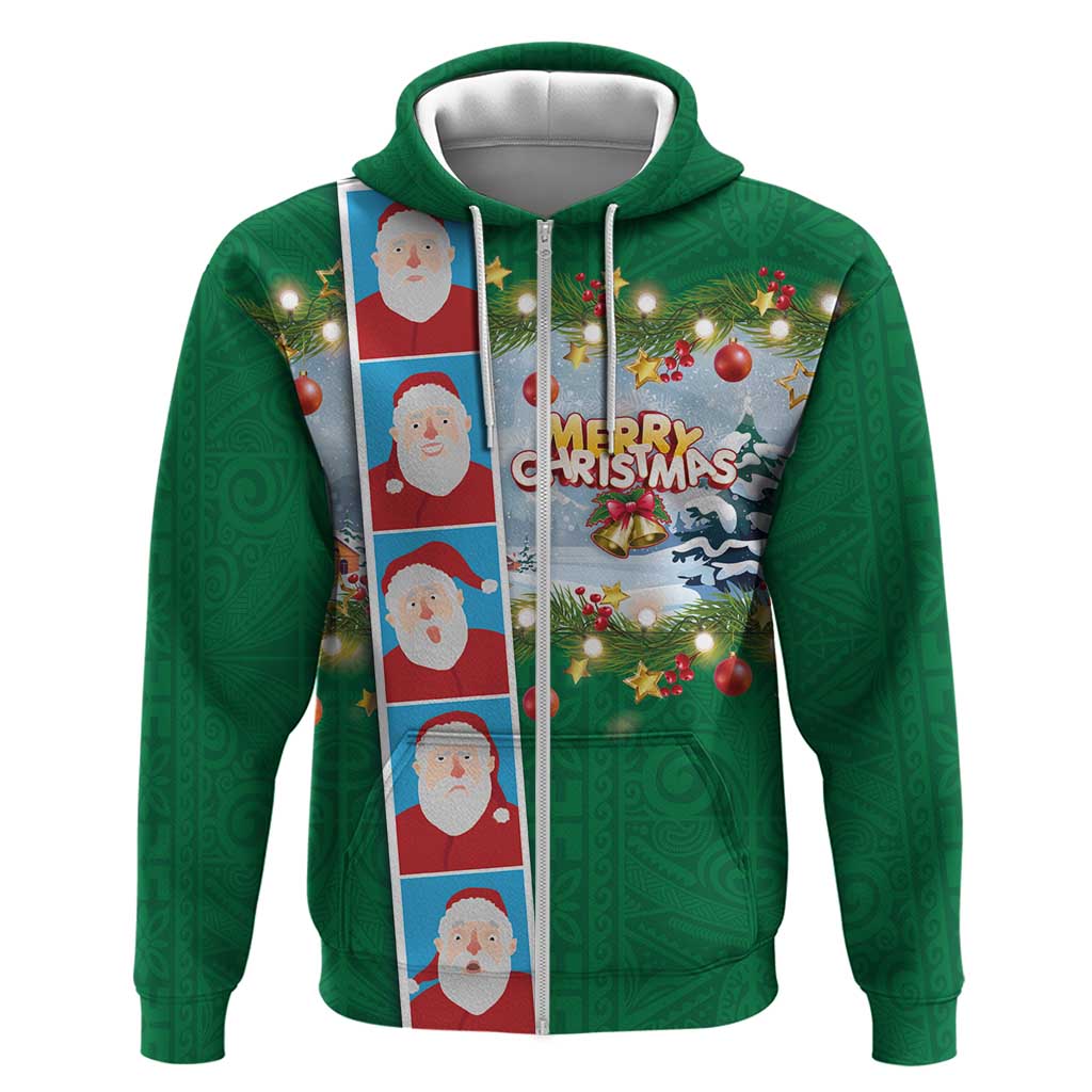 Merry Christmas Hoodie Funny Santa Claus Cards Photo and Polynesian Pattern Green Color