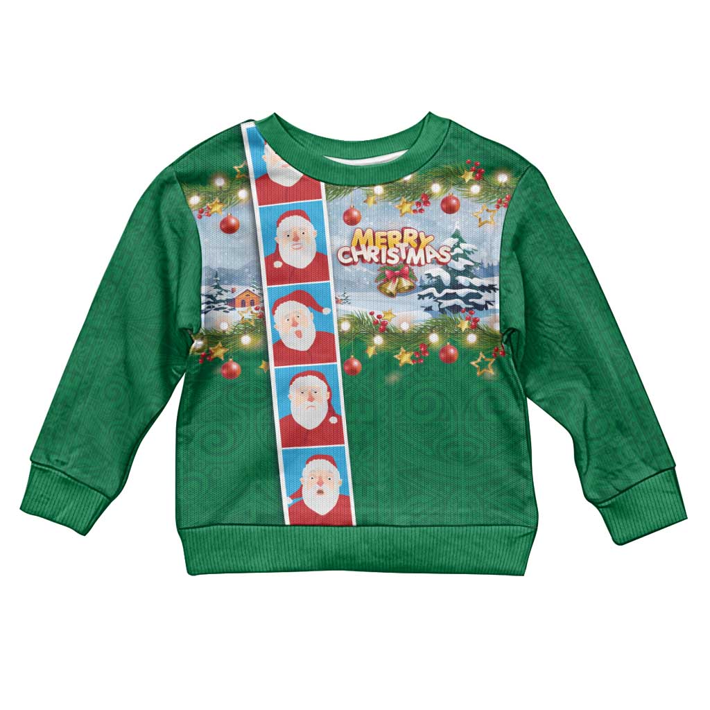 Merry Christmas Kid Ugly Christmas Sweater Funny Santa Claus Cards Photo and Polynesian Pattern Green Color