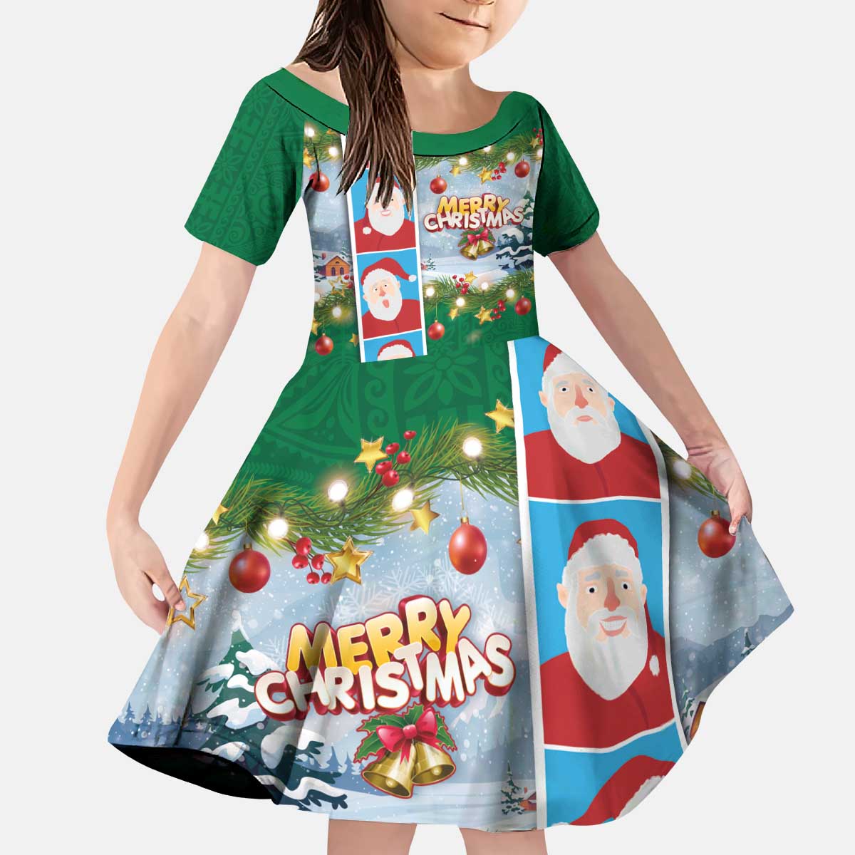 Merry Christmas Kid Short Sleeve Dress Funny Santa Claus Cards Photo and Polynesian Pattern Green Color