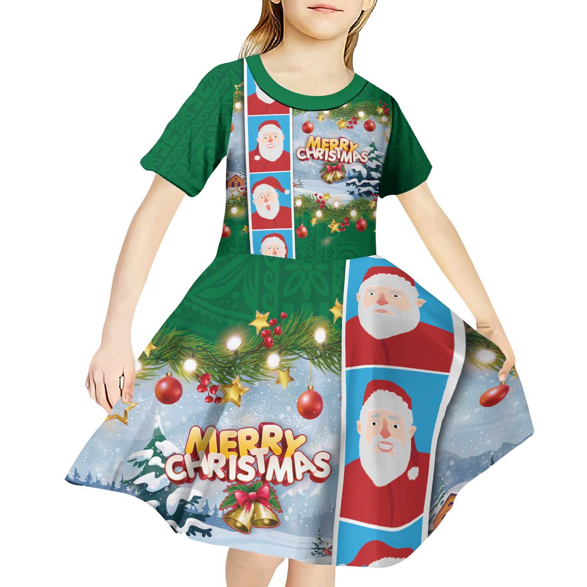 Merry Christmas Kid Short Sleeve Dress Funny Santa Claus Cards Photo and Polynesian Pattern Green Color LT03 - Polynesian Pride