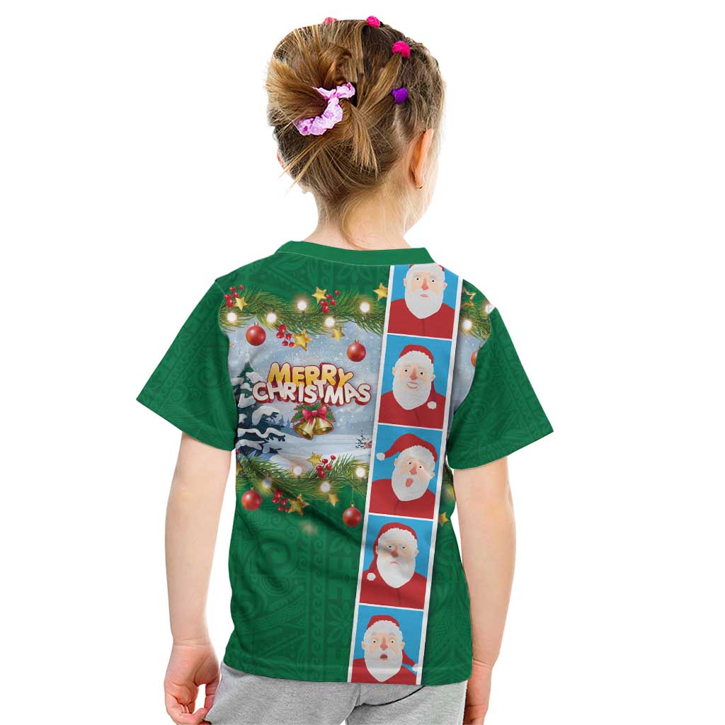 Merry Christmas Kid T Shirt Funny Santa Claus Cards Photo and Polynesian Pattern Green Color LT03 - Polynesian Pride