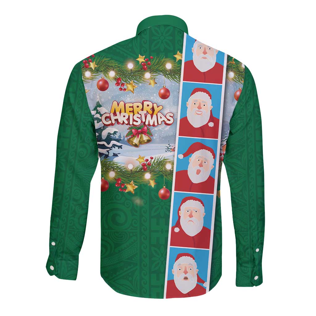 Merry Christmas Long Sleeve Button Shirt Funny Santa Claus Cards Photo and Polynesian Pattern Green Color LT03 - Polynesian Pride