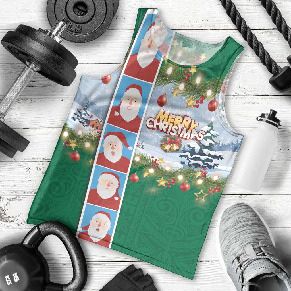 Merry Christmas Men Tank Top Funny Santa Claus Cards Photo and Polynesian Pattern Green Color