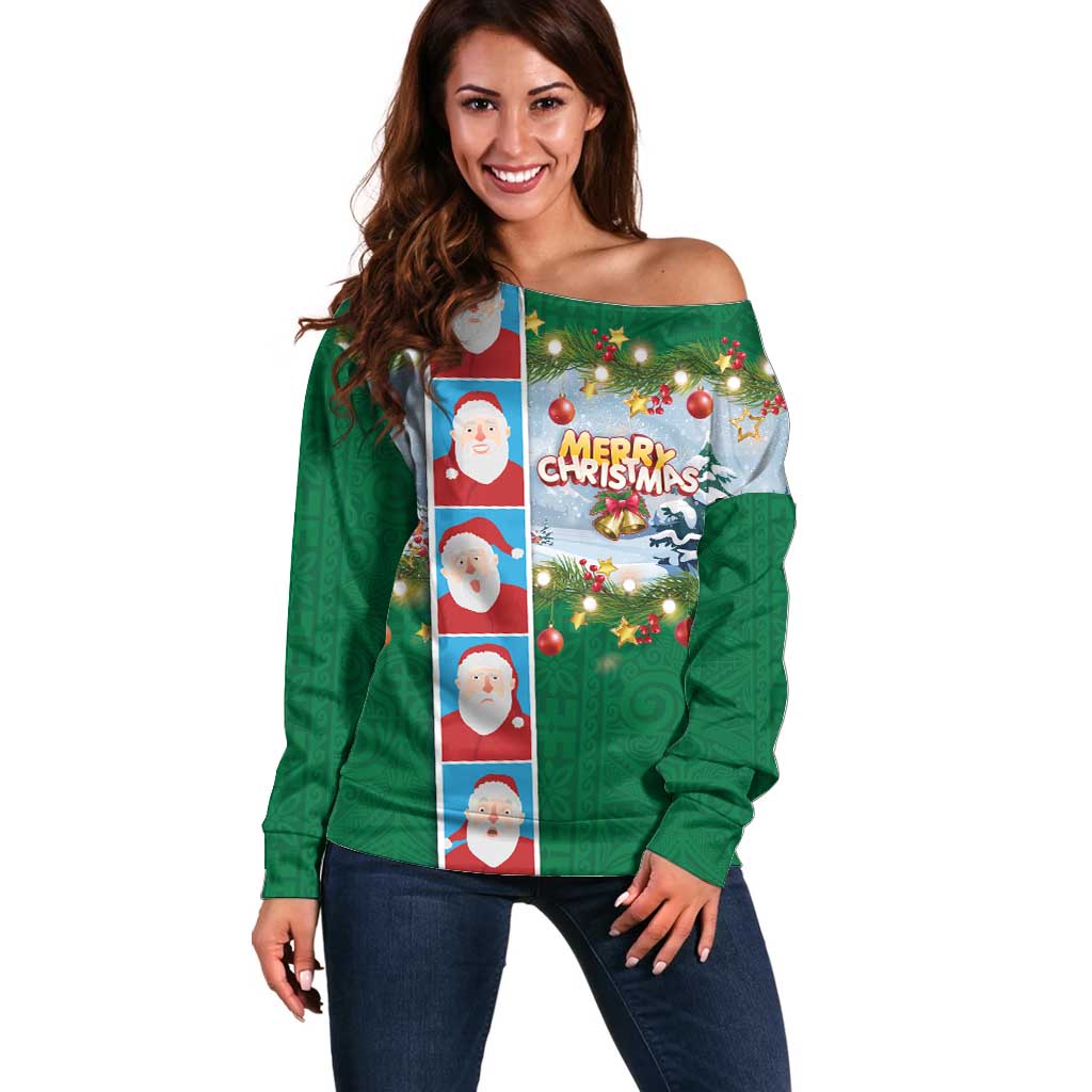 Merry Christmas Off Shoulder Sweater Funny Santa Claus Cards Photo and Polynesian Pattern Green Color