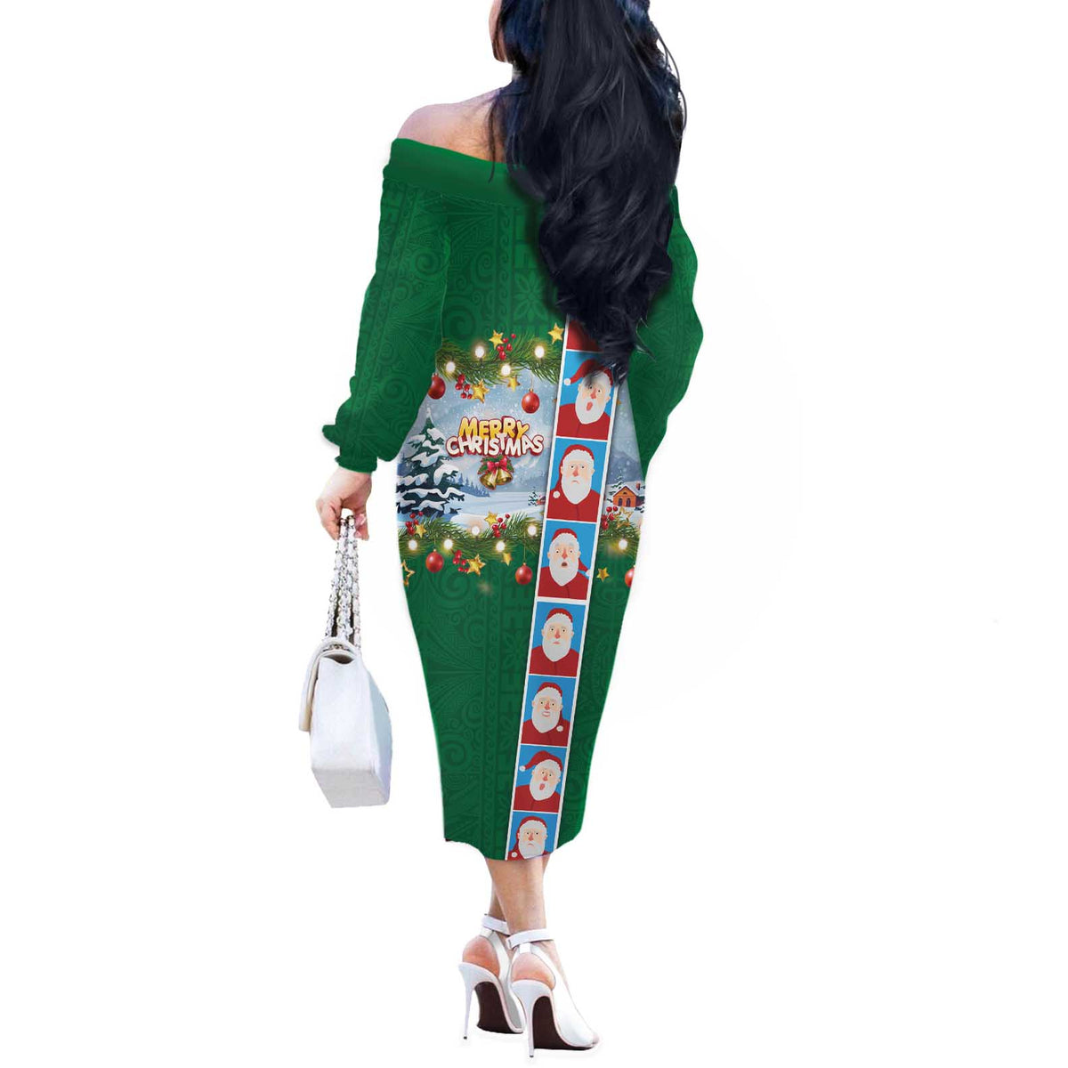 Merry Christmas Off The Shoulder Long Sleeve Dress Funny Santa Claus Cards Photo and Polynesian Pattern Green Color