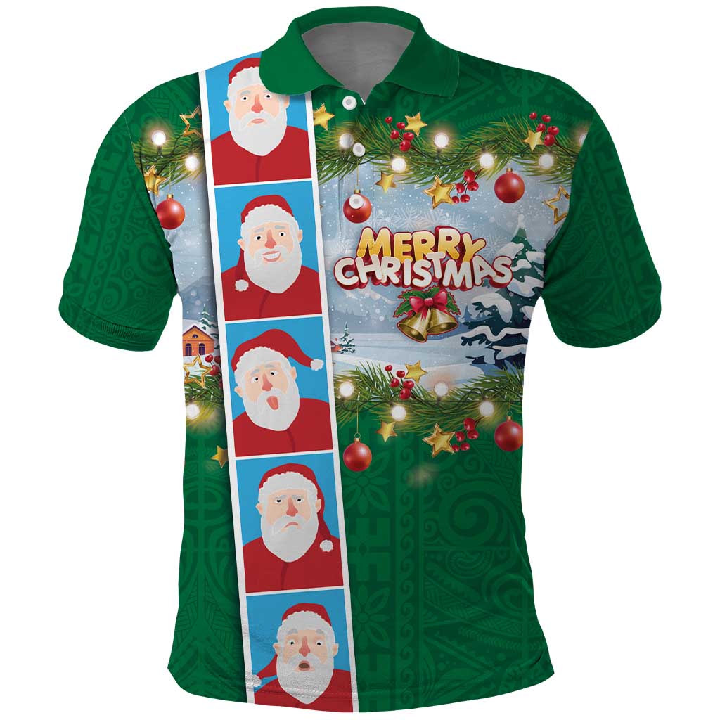 Merry Christmas Polo Shirt Funny Santa Claus Cards Photo and Polynesian Pattern Green Color