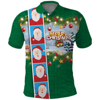 Merry Christmas Polo Shirt Funny Santa Claus Cards Photo and Polynesian Pattern Green Color