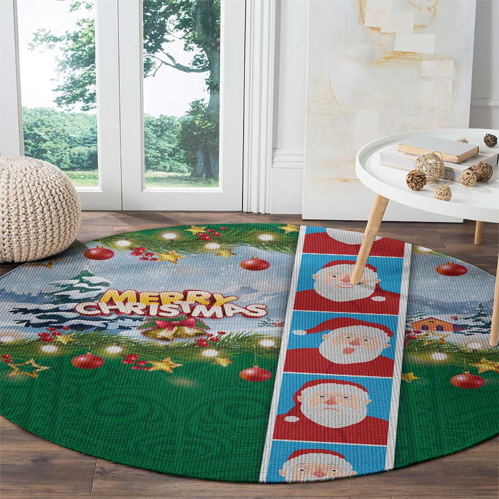 Merry Christmas Round Carpet Funny Santa Claus Cards Photo and Polynesian Pattern Green Color