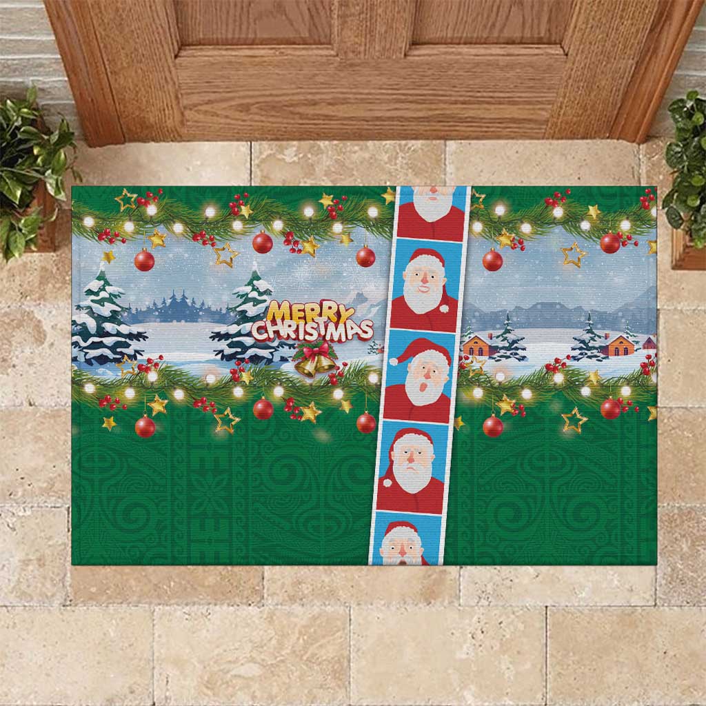Merry Christmas Rubber Doormat Funny Santa Claus Cards Photo and Polynesian Pattern Green Color LT03 Green - Polynesian Pride