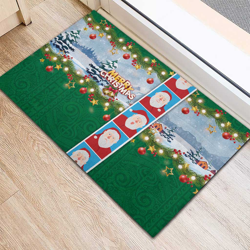 Merry Christmas Rubber Doormat Funny Santa Claus Cards Photo and Polynesian Pattern Green Color LT03 - Polynesian Pride