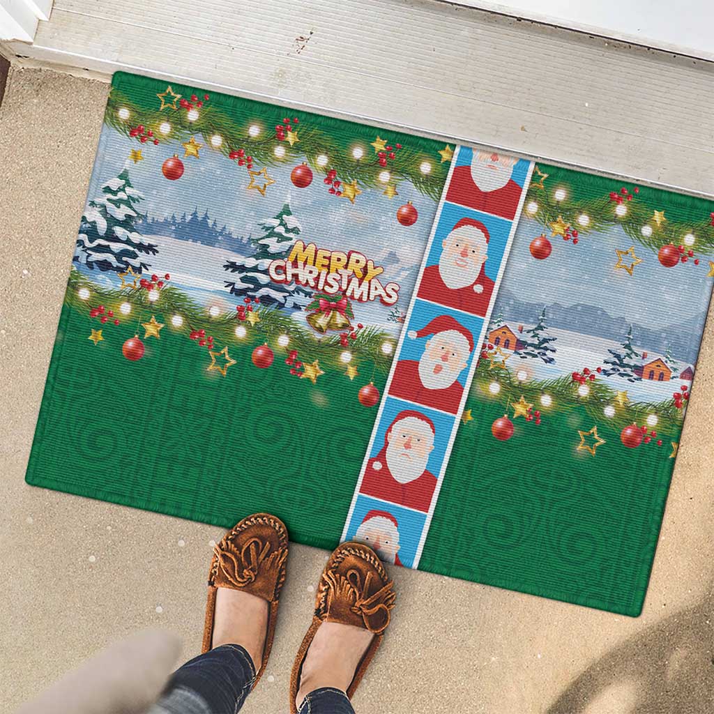 Merry Christmas Rubber Doormat Funny Santa Claus Cards Photo and Polynesian Pattern Green Color LT03 - Polynesian Pride