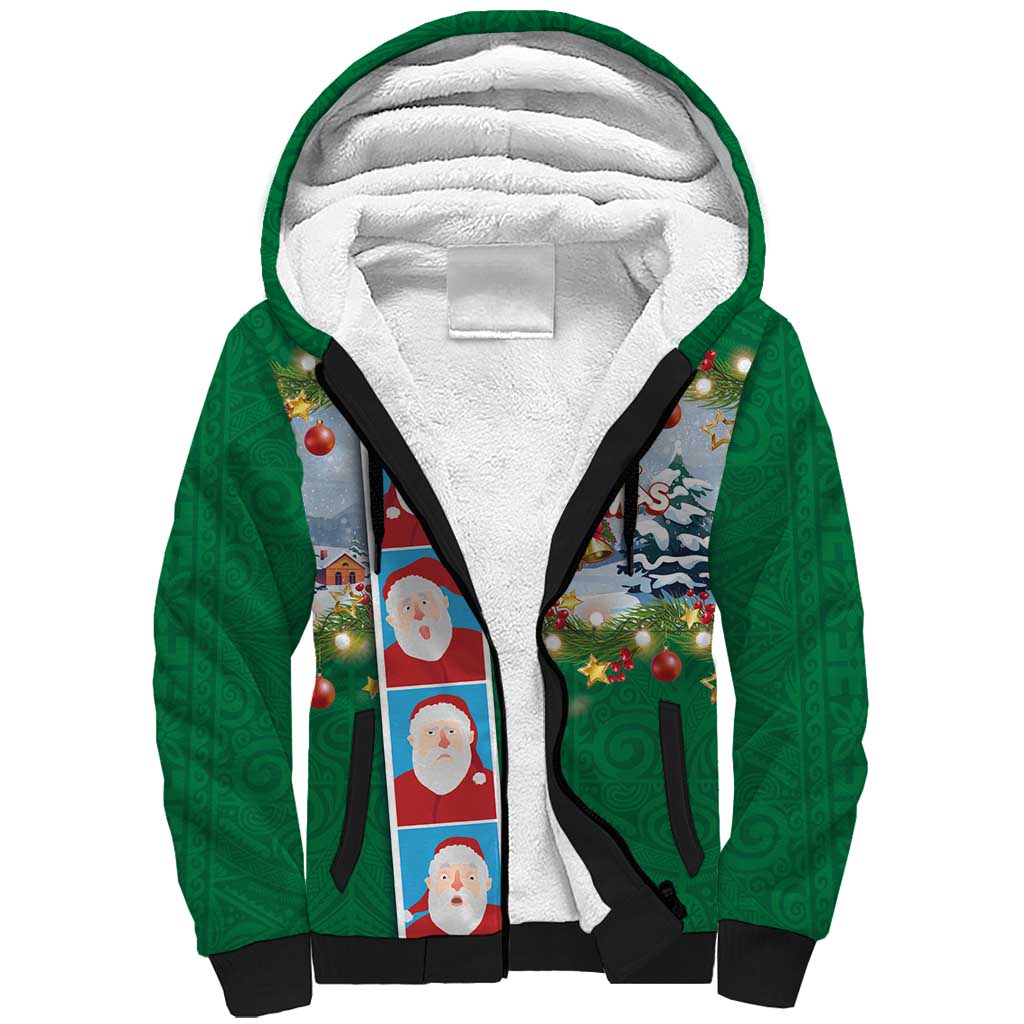 Merry Christmas Sherpa Hoodie Funny Santa Claus Cards Photo and Polynesian Pattern Green Color