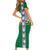 Merry Christmas Short Sleeve Bodycon Dress Funny Santa Claus Cards Photo and Polynesian Pattern Green Color