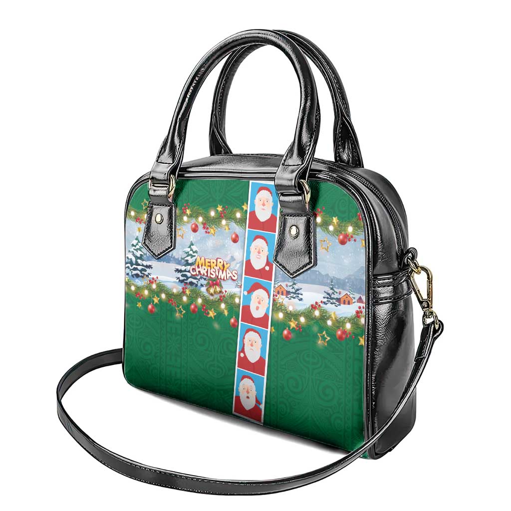 Merry Christmas Shoulder Handbag Funny Santa Claus Cards Photo and Polynesian Pattern Green Color
