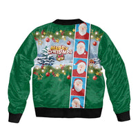 Merry Christmas Sleeve Zip Bomber Jacket Funny Santa Claus Cards Photo and Polynesian Pattern Green Color