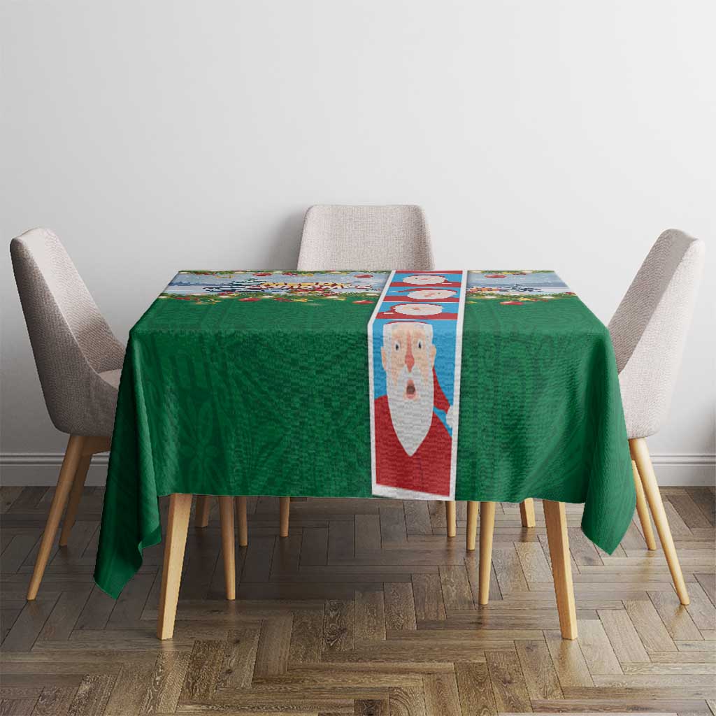 Merry Christmas Tablecloth Funny Santa Claus Cards Photo and Polynesian Pattern Green Color
