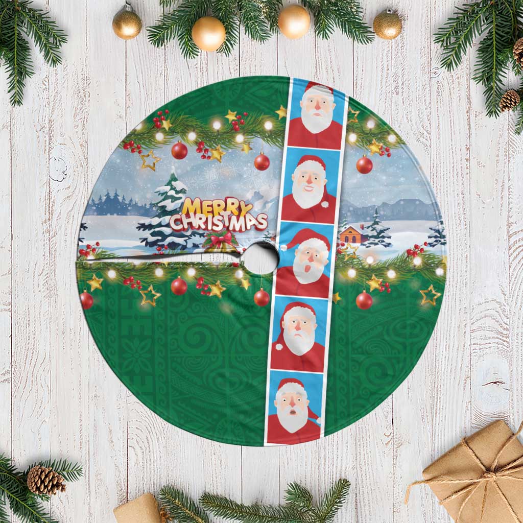 Merry Christmas Tree Skirt Funny Santa Claus Cards Photo and Polynesian Pattern Green Color