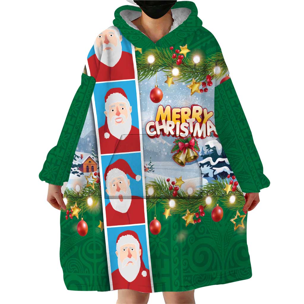 Merry Christmas Wearable Blanket Hoodie Funny Santa Claus Cards Photo and Polynesian Pattern Green Color