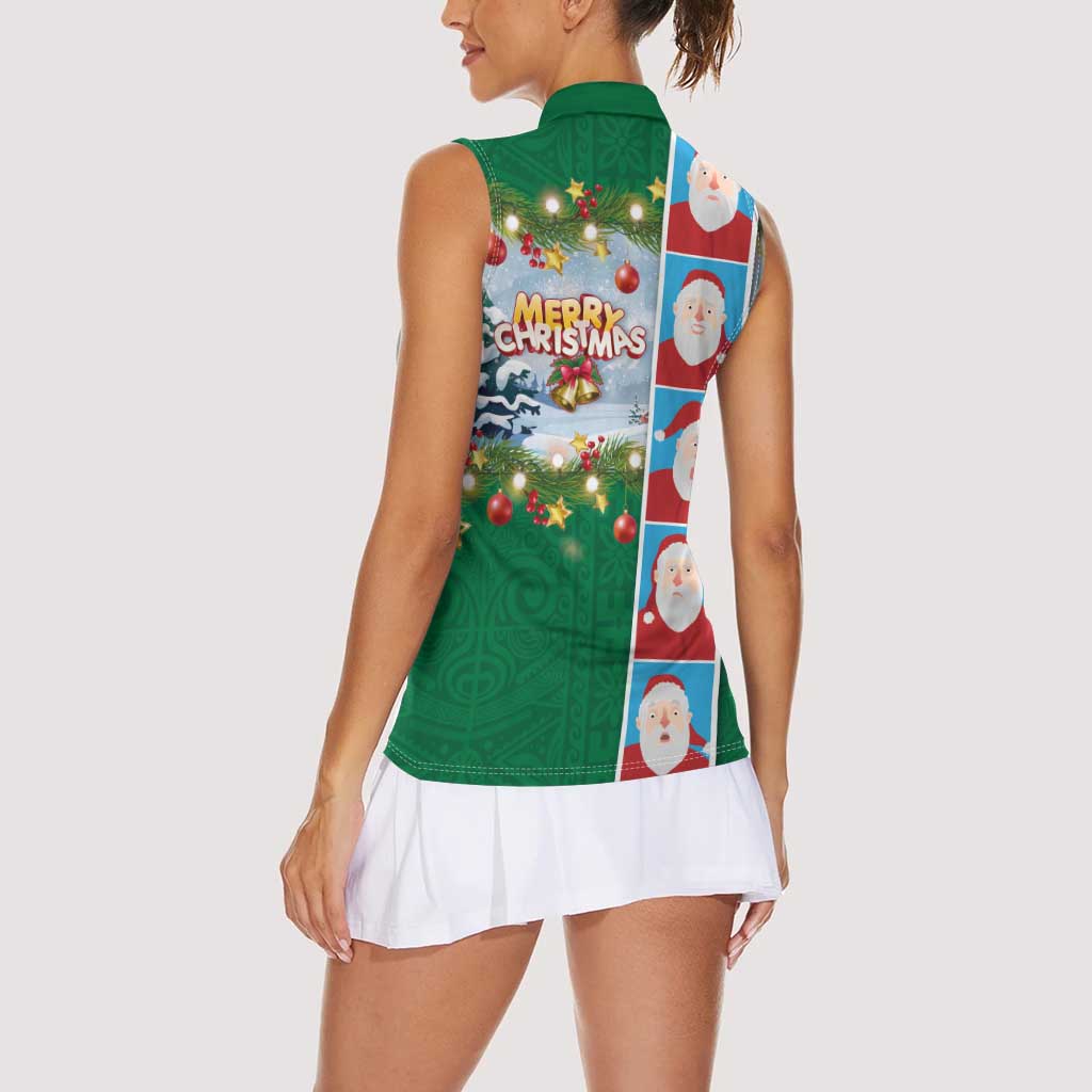 Merry Christmas Women Sleeveless Polo Shirt Funny Santa Claus Cards Photo and Polynesian Pattern Green Color LT03 - Polynesian Pride