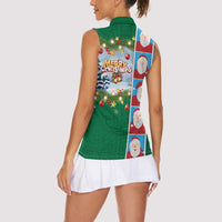 Merry Christmas Women Sleeveless Polo Shirt Funny Santa Claus Cards Photo and Polynesian Pattern Green Color LT03 - Polynesian Pride