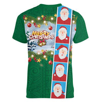 Merry Christmas Women V-Neck T-Shirt Funny Santa Claus Cards Photo and Polynesian Pattern Green Color LT03 - Polynesian Pride